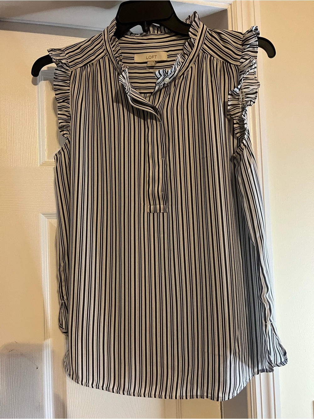 LOFT Ladies Striped Sleeveless Ruffle Blouse - White & Black